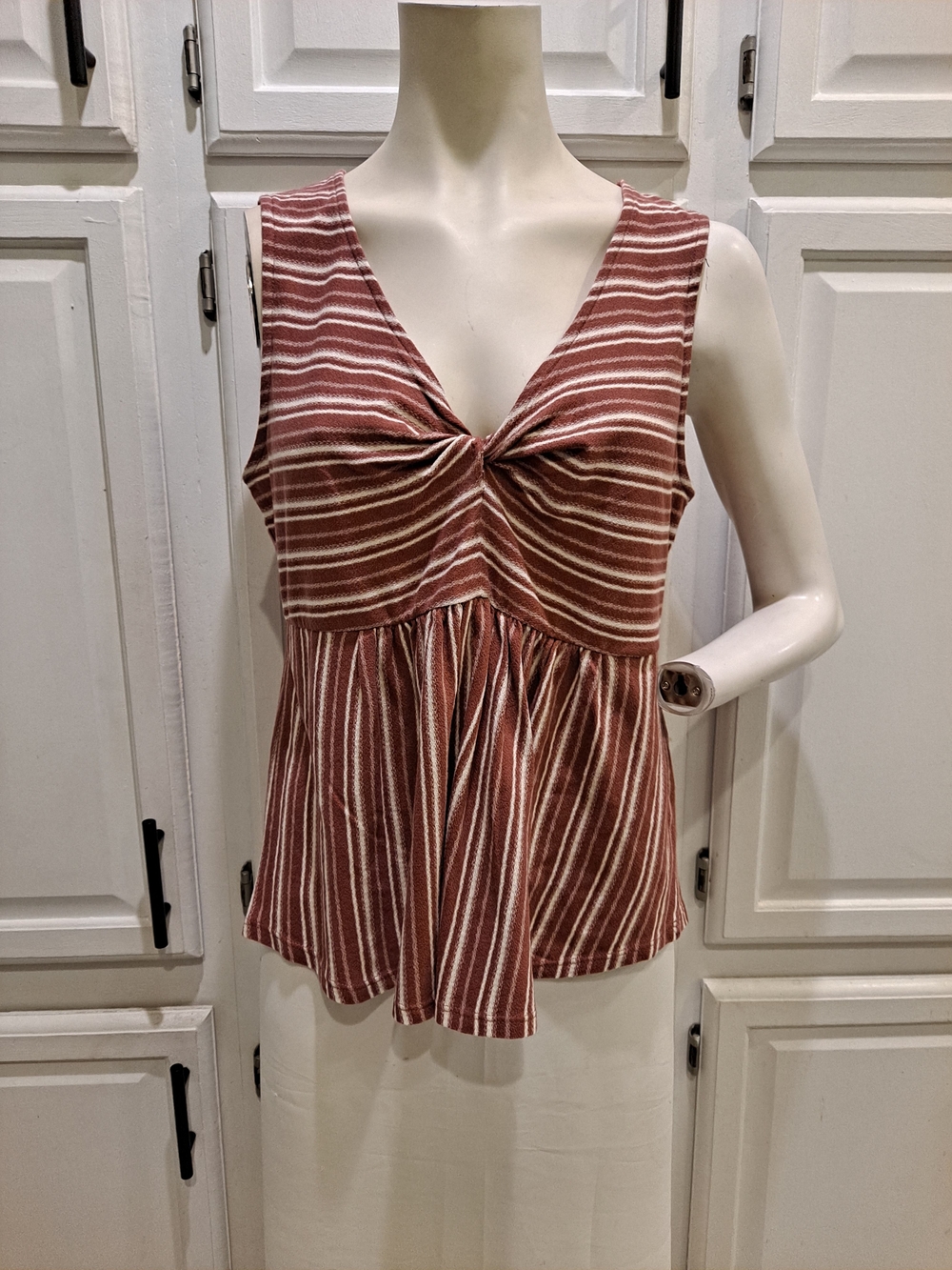 Lucky Brand Dusty Rose & Cream Twist-Front Vneck Striped Cotton Loose Tank